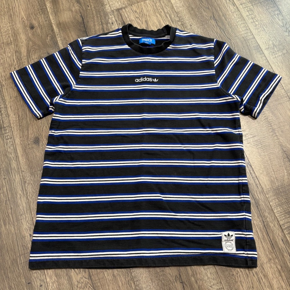 Adidas Originals T-Shirt Mens Large Black Blue White Striped BR6517 Tee